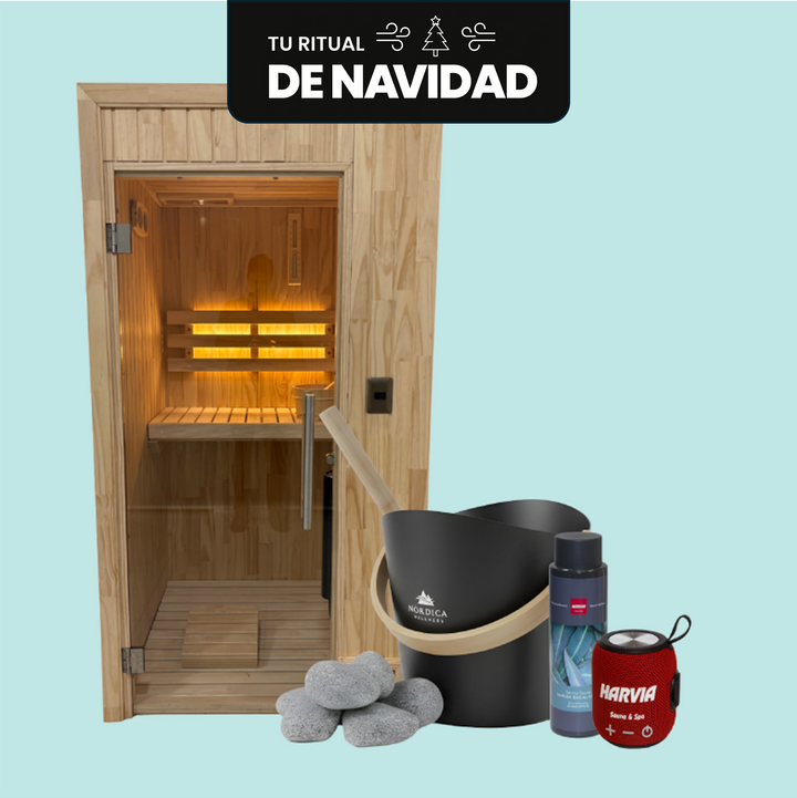 Pack Sauna Mini NAVIDAD + Parlante HARVIA + Esencia + Accesorios Completos